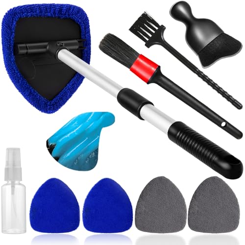 Qydipclin 10pcs Windshield Cleaner Tool, Car Window Cleaning Wash Kit with 4 Reusable Microfiber Pads 1 Spray Bottle and Extendable Handle Auto Glass Wiper Kit, Blue&Gray - color: Blue & Gray