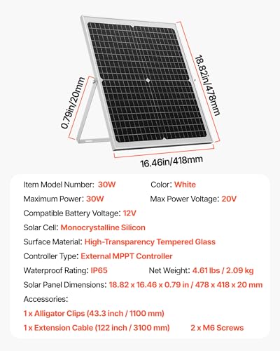 VEVOR 30W 12V Solar Panel Battery Charger, Solar Battery Trickle Charger Maintainer with Intelligent MPPT Controller & Adjustable Mount Bracket, IP67 Waterproof for Car Boat RV Motorcycle Trailer - style: 30W