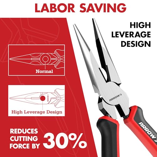 ARROW Needle Nose Pliers, 6-inch Long Nose Cutting Pliers with Wire Cutter, Comfortable TPR Handle, High Carbon Steel, High Leverage Diagonal Design - size: 6 Inch