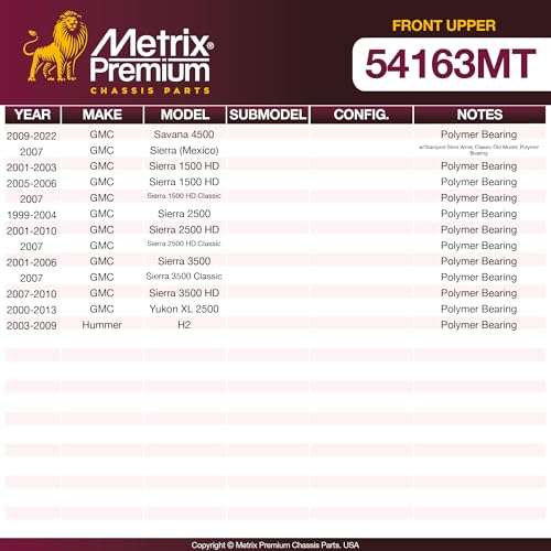 Metrix Premium Chassis Parts Ball Joint Fits Chevrolet Avalanche 2500 02-06 | Cargo Van 03-04, Express 2500 RWD 03-05, Express 2500 06-22, GMC Savana 2500 RWD 03-05, Hummer H2 K6696 03-09, Front Upper - size: K6696