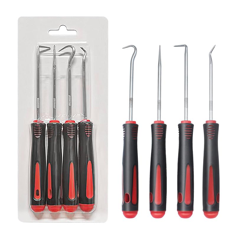 6.5In 4-Piece Hook and Pick Set, Precision Automotive Pick Tool & with Comfort Grip & Anti-Slip Shaft for Oil Seal, Gasket Removal, and Electronic Repair (Red) - color: Red