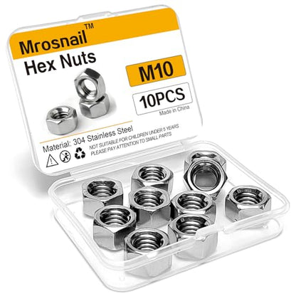 10Pcs M10 Hex Nuts, 304 Stainless Steel Hardware Nuts, Full Thread Hex Drive, for Automotive, Construction, Machinery, and Heavy-Duty DIY Projects - size: M10 (10 pcs)
