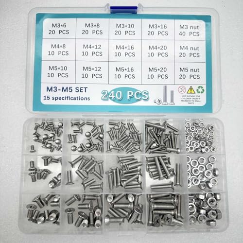 Button Head/Hex Socket/Phillips Flat Head Screws Assortment - Furniture, Auto, Home Repair Fastener Kit (240 PCS M3-M5 Cross Head Screws Set) - color: 240 PCS M3-M5 Cross Head Screws Set