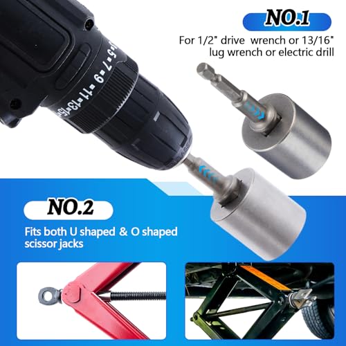 3 Pcs Scissor Jack Adapters Tool Heavy-Duty Universal Jack Socket Adapter for Hand Drill Scissor Car Jacks with a 1/2 in Socket Adapter Bit for 1/2 in Impact Wrench or 13/16 in Lug Wrench