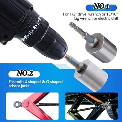 3 Pcs Scissor Jack Adapters Tool Heavy-Duty Universal Jack Socket Adapter for Hand Drill Scissor Car Jacks with a 1/2 in Socket Adapter Bit for 1/2 in Impact Wrench or 13/16 in Lug Wrench