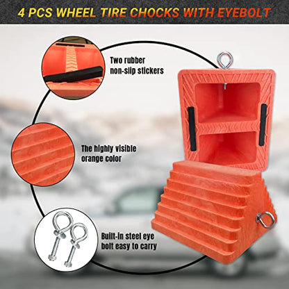 HOXWELL Premium 4 pcs Heavy Duty Wheel Tire Chocks, Vehicle Chocks with Eyebolt for Travel Trailers, Camper, Truck, Car and ATV 4 Pack, Orange - color: Orange-4 pcs