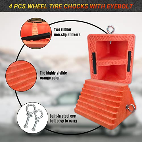 HOXWELL Premium 4 pcs Heavy Duty Wheel Tire Chocks, Vehicle Chocks with Eyebolt for Travel Trailers, Camper, Truck, Car and ATV 4 Pack, Orange - color: Orange-4 pcs