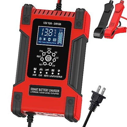 12V/12A 24V/6A Fully-Automatic Smart Battery Charger for LiFePO4 Lead-Acid AGM Wet Gel Battery, Trickle Charger Maintainer for ATV Motorcycle Marine