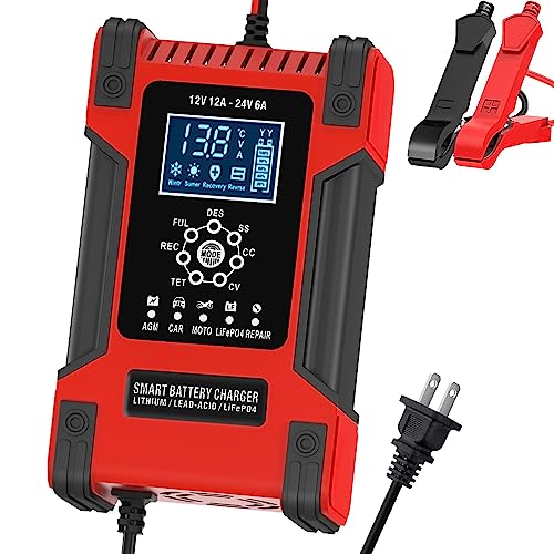 12V/12A 24V/6A Fully-Automatic Smart Battery Charger for LiFePO4 Lead-Acid AGM Wet Gel Battery, Trickle Charger Maintainer for ATV Motorcycle Marine