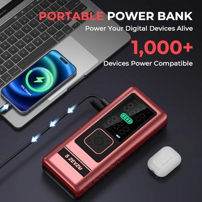 S ZEVZO Car Jump Starter with Air Compressor, 4000A 150PSI Jump Box Battery Pack(6.0 Gas/4.0L Diesel), Portable 12V Jump Box with Auto-Shutoff Tire Inflator, USB Ports, LCD Display & LED Light