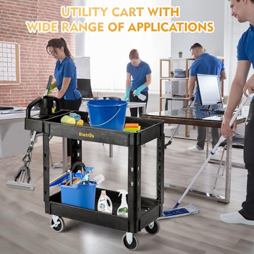 ELAFROS 2-Tier Heavy Duty Utility Cart with Ergonomic Handle, 37.5 x 17 in | 550 lbs Capacity, Deep Shelves, Built-In Tool Compartments, Rolling Service Cart, Work Cart, Mobile Storage Organizer, Garage