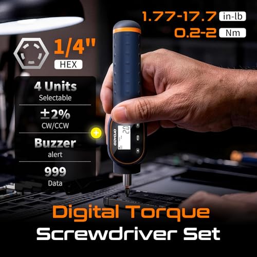GOYOJO Digital Torque Screwdriver 1.77-17.7 in.lb / 0.2-2 Nm, 1/4 Adjustable Inch Pound Torque Wrench Screwdriver Set with Strong Magnetic Bits,999 Data, for Gunsmithing, Electronics and Mounting - size: 1.77-17.7 in-lb