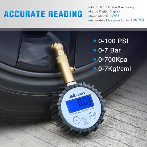 Nilight Digital Tire Pressure Gauge 100PSI Heavy Duty Stainless Steel Air Chucks ANSI 2A Certified Large Dial Wheel Service Checker for Truck Semi Truck ATV Motorhome Cars & RV Accessories - color: Digital Tire Gauge