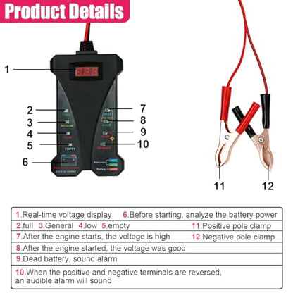 Car Battery Tester, 12V Digital Battery Tester Voltmeter with LCD Display & LED Indication, Alternator Charging System Analyzer, Universal Automotive Batteries Monitor for Cars, SUVs, Trucks