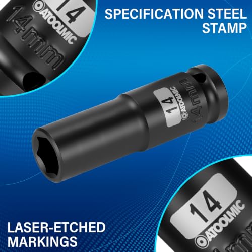 1/2 Inch Drive x 14mm Deep 6PT CR-MO Impact Socket for Removing Axle nut | Metric Socket,6-Point Radius Corner Design,Two Size Markings,Square Chamfered Opening,For Removal of Axle Nut - size: 14 mm, style: 1/2" Drive Deep Socket