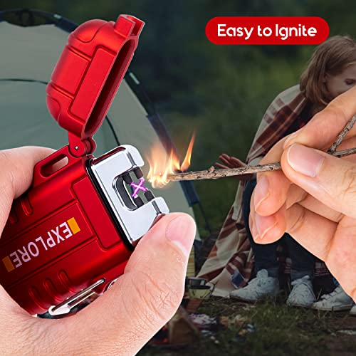 LcFun Arc Lighter Waterproof Windproof Rechargeable USB Plasma Flameless Electric Lighters with Lanyard Sports Fan Lighters for Survival, Tactical, EDC Gear, Camping (Red) - color: Red (Without Whistle)
