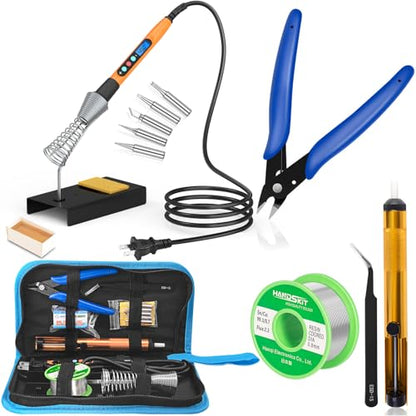 Soldering Iron Kit, 90W Soldering Iron LCD Adjustable Temperature, 13 in 1 Soldering Welding Iron Gun Kit with 5 Tips, Flux, Desoldering Pump, Stand, Tweezers, Wire Cutter, Solder Wire, Sponge, 110V | 5 soldering tips, desoldering pump, soldering iron sta