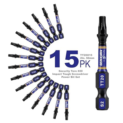 Geinxurn 2 In. Security T20 Impact Magnetic Screwdriver Bit Set, 15 Pieces #20 Torx Head Power Bit Set, S2 Alloy Steel Hollow Star Bit Set - size: 2"-15PCS, style: TT20