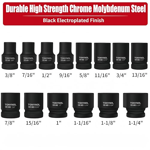 TONYNOL 1/2 Inch Shallow Drive Impact Socket Set,6-Point,SAE(3/8" to 1-1/4"),14 Pcs,Cr-Mo Steel,With a Storage Case - size: 1/2" 14PC Shallow SAE (9.5-32mm), style: 6-Points