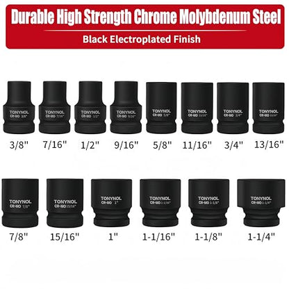 TONYNOL 1/2 Inch Shallow Drive Impact Socket Set,6-Point,SAE(3/8" to 1-1/4"),14 Pcs,Cr-Mo Steel,With a Storage Case - size: 1/2" 14PC Shallow SAE (9.5-32mm), style: 6-Points