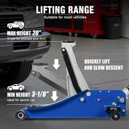 Jack Boss 6600LBS Floor Jack, 3 Ton Capacity Car Jack, Low Profile Protable Hydraulic with Dual Pumps, Quilckly Lift and Slow Descent, Lifting Range 3-1/8" Min to 20" Max Blue and Grey - color: Blue, size: 3 Ton Dual Pump