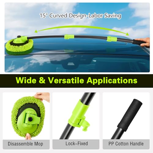 Car Wash Brush with Long Handle - Extendable Car Wash Mop & Sponge | 15° Curved Labor-Saving,Scratch Free Soft Brush,Replacable Head, for Truck SUV Cleaning
