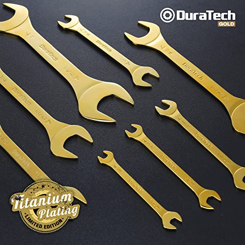 DURATECH Super-Thin Open End Wrench Set, SAE, 8-Piece, 1/4" to 1-1/16", Titanium Plating, with Rolling Pouch - color: Gold, size: SAE