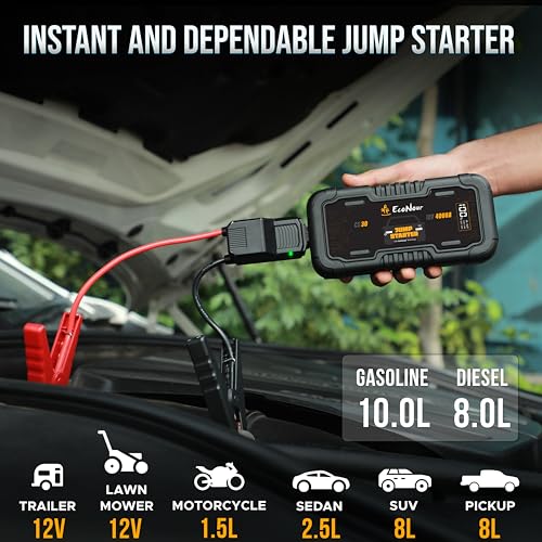 EcoNour car Battery Jump Starter 4000A Peak Up to 10L Gas & 10L Diesel Engines 12V Lithium Jump Box with Jumper Cables, USB Charger, LCD Display, LED Flashlight – for Cars, SUVs, Trucks - color: Black, size: 4000A