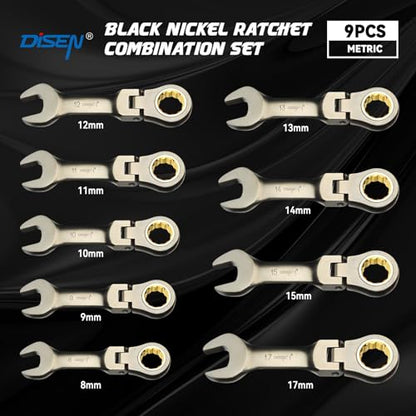DISEN 9 Piece Flex Head Stubby Ratcheting Wrench Set Metric 90 Tooth | Metric 8-17 mm, CR-V Material, Nickel Plating Finish Combination Ratchet Wrenches Set, Golden Ratchet, with Rolling Pouch