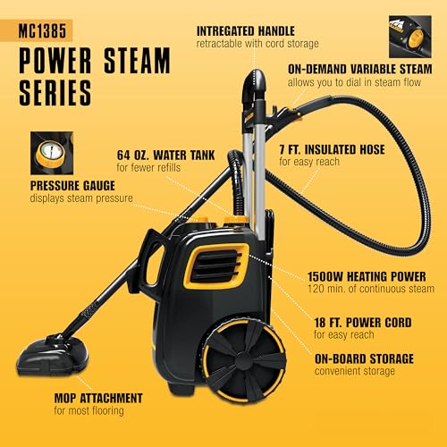McCulloch MC1385 Deluxe Canister Steam Cleaner, 2-Hour Runtime, Chemical-Free, 23 Accessories: Mop Head, Brushes & More - Built for Home, Tile, Carpet, Furniture, & Personal Car Detailing - size: MC1385