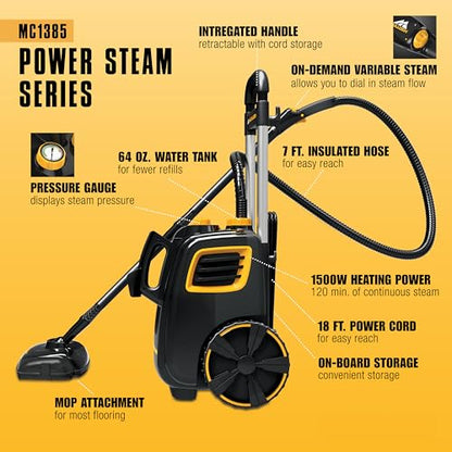 McCulloch MC1385 Deluxe Canister Steam Cleaner, 2-Hour Runtime, Chemical-Free, 23 Accessories: Mop Head, Brushes & More - Built for Home, Tile, Carpet, Furniture, & Personal Car Detailing - size: MC1385