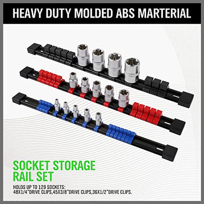 SWANLAKE 9-Piece Premium Socket Holder Organizer Set, 1/4-Inch x 48 Clips, 3/8-Inch x 45 Clips, 1/2-Inch x 36 Clips, Premium Quality Socket Clip Rail Holder - style: 9 PCS Red&Black&Blue