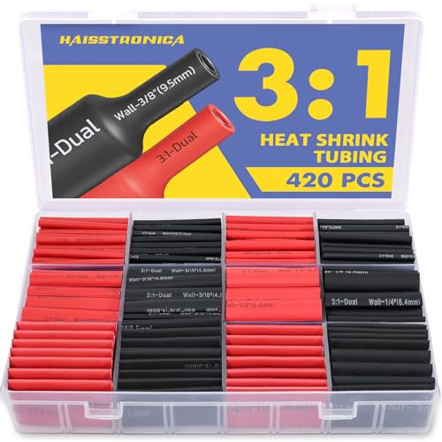 haisstronica 420PCS 3:1 Heat Shrink Tubing Kit, Adhesive Lined Marine Resistant Grade Shrink Wrap - 1.75" length 7 Size for Home and Industrial, 3/32"-3/4" - Black, Red - color: Black-Red, size: 420PCS