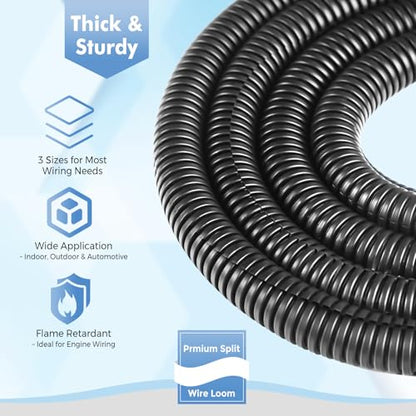 Automotive Wire Loom Flame Retardant Split Wire Loom Tubing Assortment Wiring Loom Kit Plastic Cover Electrical Covering Conduit Protective Wire Wrap Cable Sleeves Black 1/4", 1/2", 3/8" x 30 Ft - size: 1/4", 1/2", 3/8" x 30 ft
