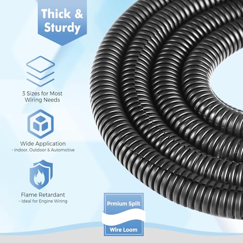 Automotive Wire Loom Flame Retardant Split Wire Loom Tubing Assortment Wiring Loom Kit Plastic Cover Electrical Covering Conduit Protective Wire Wrap Cable Sleeves Black 1/4", 1/2", 3/8" x 120 Ft - size: 1/4", 1/2", 3/8" x 120 ft
