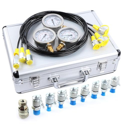 Hydraulic Pressure Test Kit with 3 Gauges 25/40/60 Mpa, 9 Couplings, 3 Test Hoses, Hydraulic Gauge Tester Set for Excavator Construction Machinery - size: Silver 3 gaugs 9 couplings