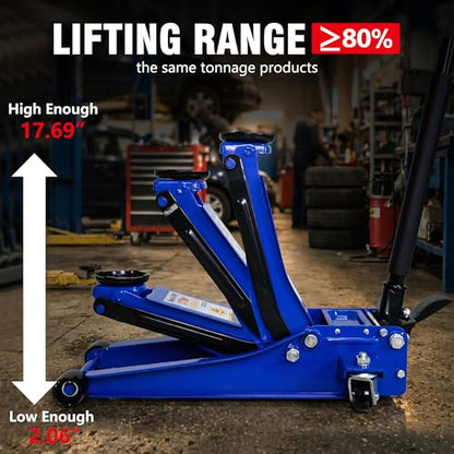 Low-Profile 3-Ton Floor Jack Dual-Piston Hydraulic 3.1-18.7in Lift Alum Steel for Low-Clearance Vehicles Blue - color: Blue