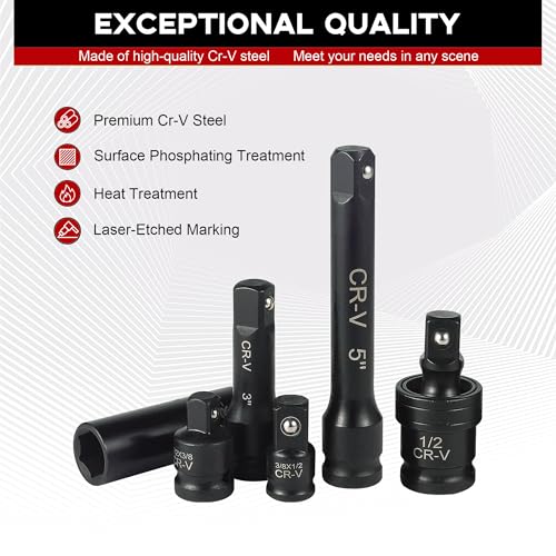 Aloanes 25-Piece 1/2" Drive Socket Set, SAE (3/8"- 1-1/2"), Deep Sockets, 1/2" F to 3/8" M Reducer,3/8" F to 1/2" M Reducer, Universal Joint, Extension Bars, 6 Point, Cr-V - size: 1/2" 25 PCS SAE