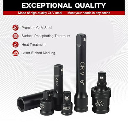 Aloanes 25-Piece 1/2" Drive Socket Set, SAE (3/8"- 1-1/2"), Deep Sockets, 1/2" F to 3/8" M Reducer,3/8" F to 1/2" M Reducer, Universal Joint, Extension Bars, 6 Point, Cr-V - size: 1/2" 25 PCS SAE