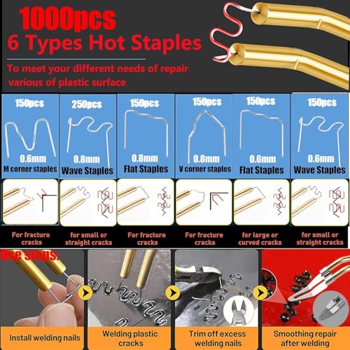 220W Plastic Welder,2 in 1 Plastic Welding Kit 1000PCS Hot Staples Plastic Repair Kit With 100PCS Plastic Welding Rods Car Bumper Repair Kit for Most Plastic Repair - color: Yellow