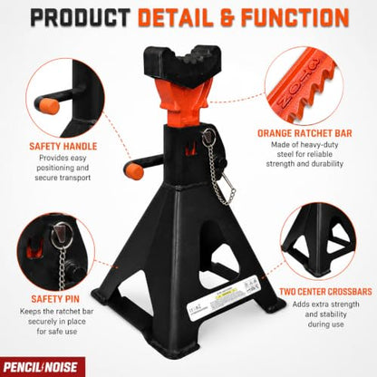 Jack Stands, 3 Ton(6600 Lbs) Capacity with Rubber Cover and Large Foot Base, Heavy Duty Steel Double Locking Car Lifting Stand, 1 Pair (Black Orange(with Rubber Cover)) - color: Black Orange(with rubber cover)