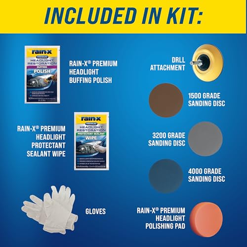 Rain-X 610153 Headlight Restoration Kit - Car Light Lens Cleaner/Restorer with Sanding & Polishing Drill Attachments & Sealant Wipe, Removes Scratches & Oxidation- All in 1 Long Lasting Formula - style: Headlight Restoration Kit - Drill Required