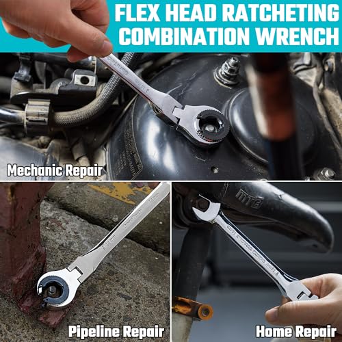 DURATECH 7-In-1 Ratcheting Wrench Set with Open Flex-head | Metric Ratcheting Tubing Wrench Set, 8-14mm, 72-Tooth Gear, CR-V Steel, with Tool Box, Gifts for Men