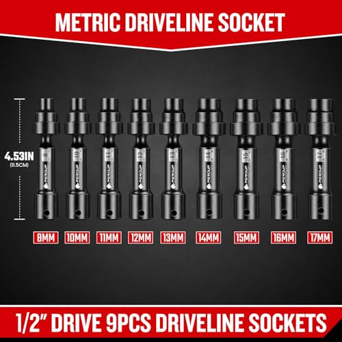 9-Piece 1/2'' Drive Driveline Limited Clearance Socket Set, 12-Point Metric Impact Swivel Socket Set, Cr-Mo Steel with Storage Case for Automotive & Industrial - size: 9 PCS