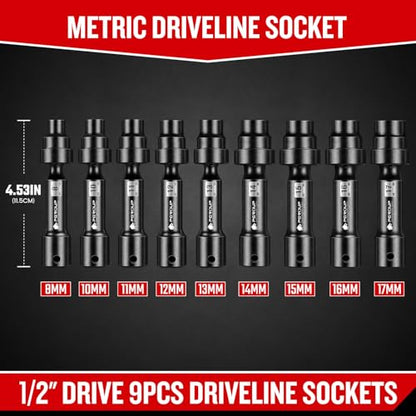 9-Piece 1/2'' Drive Driveline Limited Clearance Socket Set, 12-Point Metric Impact Swivel Socket Set, Cr-Mo Steel with Storage Case for Automotive & Industrial - size: 9 PCS