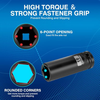 1/2 Inch Drive x 19mm Deep 6PT CR-MO Impact Socket for Removing Axle nut | Metric Socket,6-Point Radius Corner Design,Two Size Markings,Square Chamfered Opening,For Removal of Axle Nut - size: 19 mm, style: 1/2" Drive Deep Socket