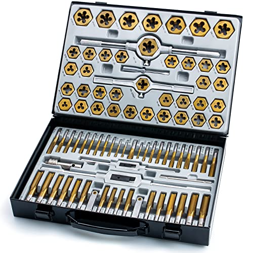 86-Piece Master Tap and Hex Die Set, Premium Titanium Coating | SAE Size #4 to 5/8”, Metric Size M3 to M16 | For All Coarse, Fine, Pipe Threads | Complete with Holders, Stocks, Gauges and Metal Case - style: HSS Titanium Set, 86-Piece