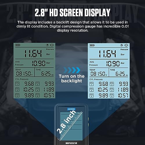 AUTOOL Digital Compression Tester Automotive Compression Gauge 0-426PSI 0~29bar for Petrol Engine Cylinder Compression Test Kit with Adapters & Hoses, 6 Data Saving, Backlit Screen