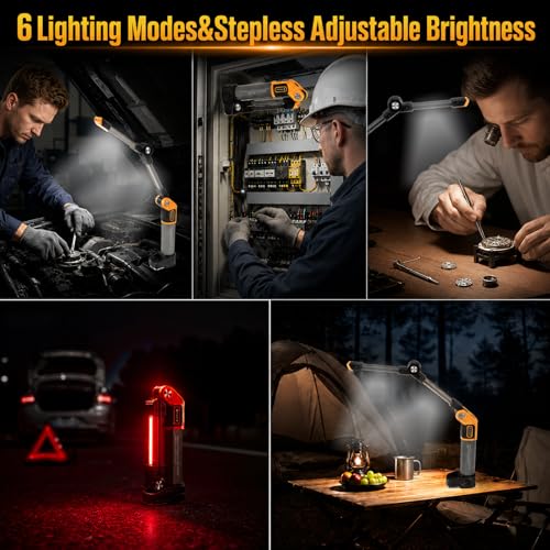 FORTO Rechargeable Magnetic Work Light,LED Flashlight for Mechanics,Aerospace Aluminum Alloy,1500 Lumens,Dual Folding Panels,6 Modes,for Garage,Auto Mechanic,Emergency,Workshop – Great Gift