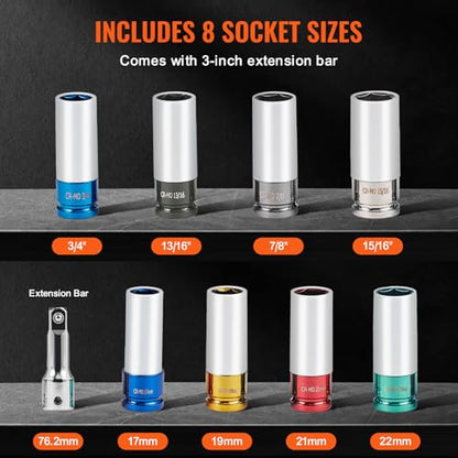 VEVOR 9-Piece Lug Nut Impact Socket Set 1/2 Inch Drive, Metric and SAE, 6-Point, CR-MO, Deep Wheel Protector Impact Socket Set With Storage Case and Extension Bar for Auto Repair